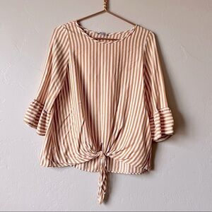 White Birch Mustard Striped Shirt with Ruffle Sleeve
